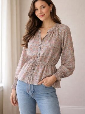 J. Crew Libert of London Paisley Button-Front Waist Tie Peplum Blouse M